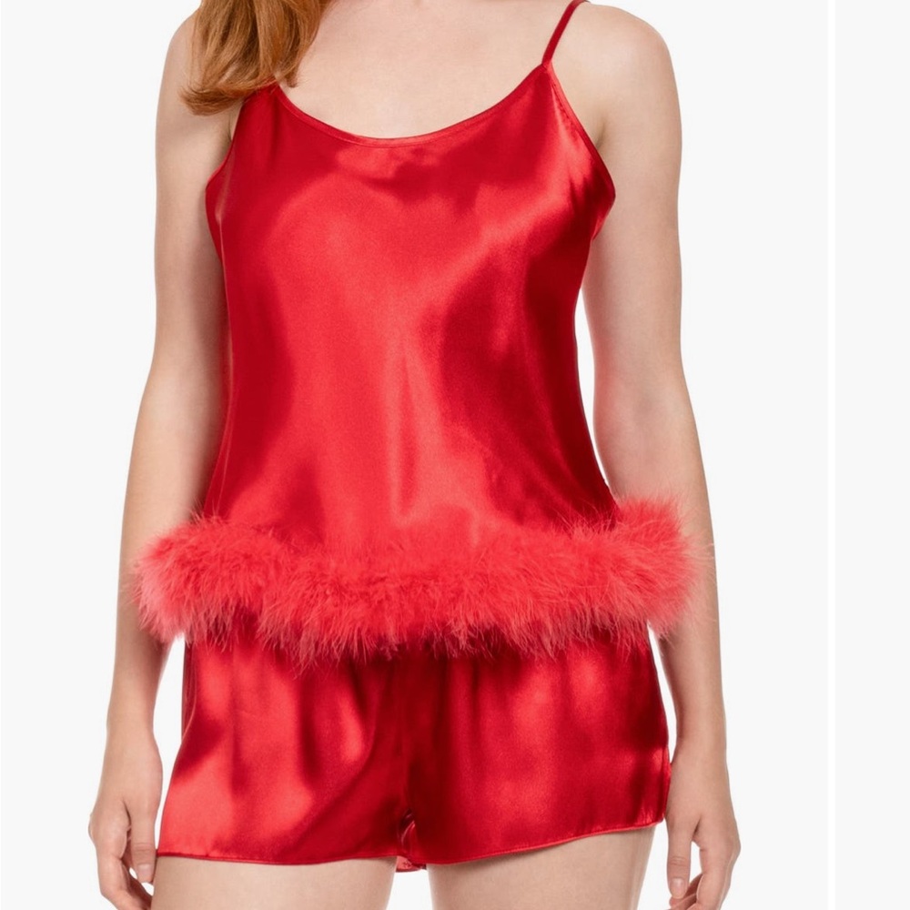 In Bloom Red Satin Pajama Set with Marabou Trim
